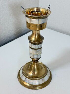 Vintage Brass 8 in Candlestick Holder w/ Mother Of Pearl Inlay Cottagecore